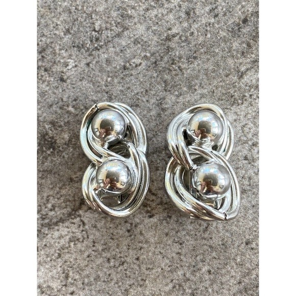 Vintage Clip Ons Earrings Silver Tone Abstract Design Geometric Art Deco - Picture 1 of 11